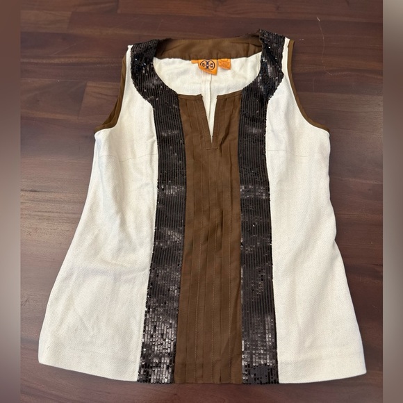 Tory Burch Linen Sleeveless Top Natural Linen Pin-Tuck Silk Brown Black (T1) - Picture 4 of 8